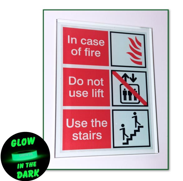 In Case of Fire - Do Not Use Lift Sign photoluminescent